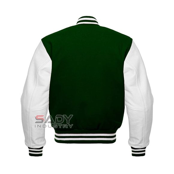 Varsity Jacket in Green Wool and White Leather Sleeves, Bomber Vintage Jacket - Picture 2 of 3